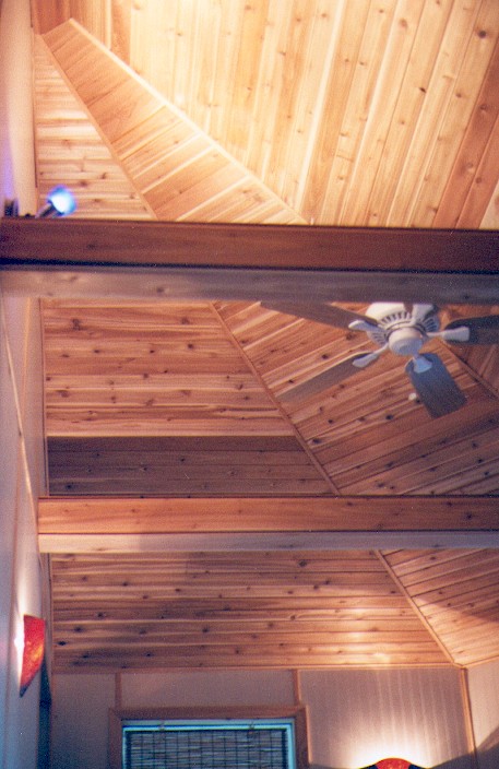 Cottage #7, living room cedar tongue & groove ceiling